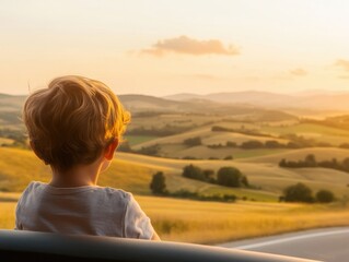 Fototapeta premium Child enjoying a scenic view during a sunset drive.