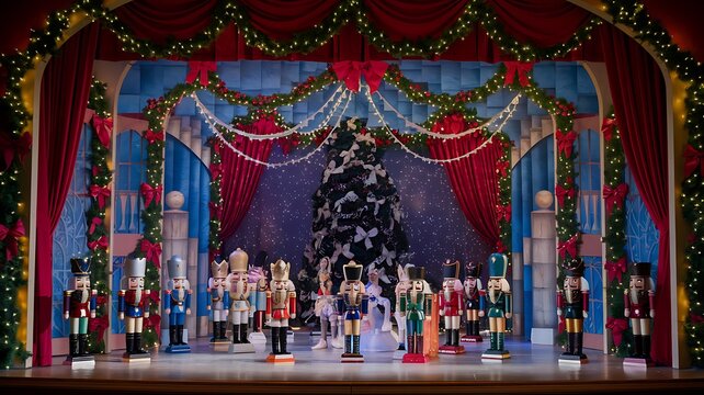 A Christmas Stage Setting with Nutcracker Figurines, a Christmas Tree, and Red Curtains