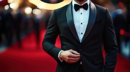 Man in a sleek black tuxedo with a bow tie, adjusting his suit jacket while standing on a red carpet. Star celebrity at events, prestigious gatherings, award shows or galas