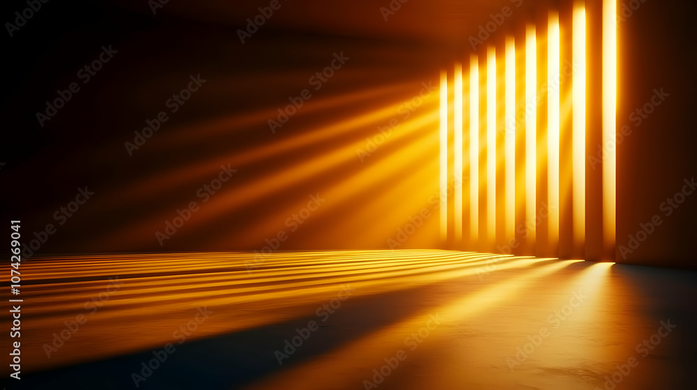 Poster a serene image of warm light streaming through shadows, creating a tranquil atmosphere of peace and 