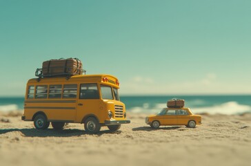 Yellow toy cars loaded with luggage on the beach.