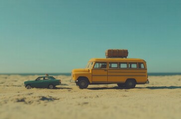 Yellow vintage bus with luggage on the roof driving on a beach.