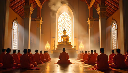 Monks Meditating in Temple Hall with Buddha Statue