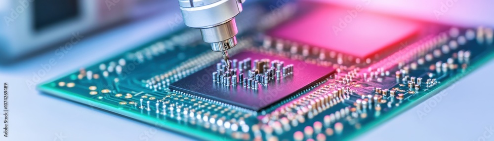 Poster close-up of a microchip being inspected with precision tools.