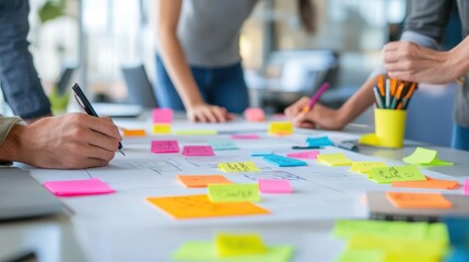 A creative brainstorming session in a modern office, with team members writing ideas on a whiteboard.