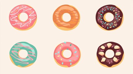 Vintage style donut illustration in a flat design featuring a playful and colorful 2D cartoon aesthetic