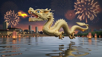 Naklejka premium Golden Dragon Flying Over Cityscape With Fireworks and Reflection in Water