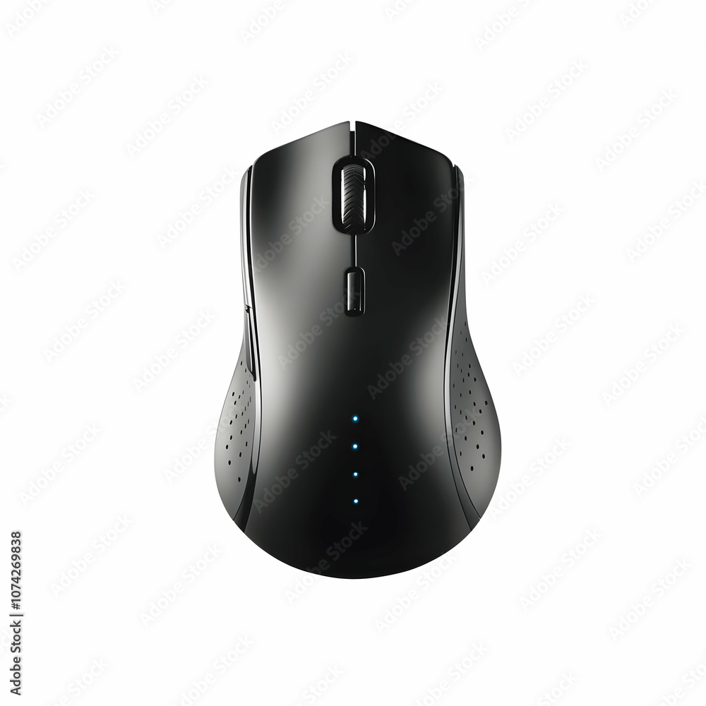 Poster a sleek black wireless mouse with led lights, showcasing modern design and functionality for tech en
