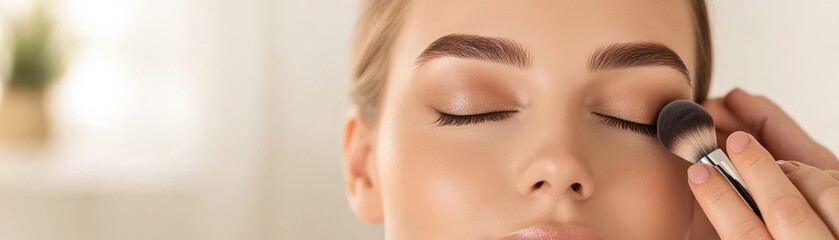 Fototapeta premium Close-up of a woman applying makeup with a brush carefully.