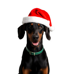 Doberman dog wearing santa hat with joyful smile for christmas theme with transparent background