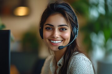 Smiling Customer Service Representative with Headset and Long Hair