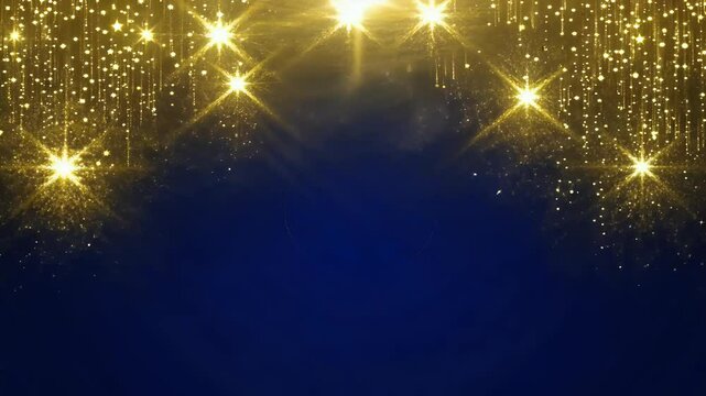 New Year&rsquo;s Christmas background video filled gold stars sparkling particles navy blue bokeh lights foil texture capturing festive mood season sophisticated elegant design star light glistering