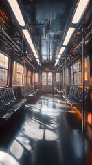 Fototapeta premium An underground train compartment captured from a dramatic bottom-up angle.