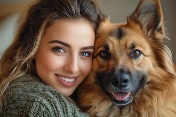 Smiling Woman and Dog Close-Up, Soft Green Sweater, Trustful Eyes