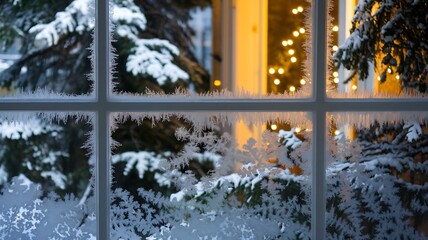 Frosted Windowpane with a View of a Snow-Covered Tree and Christmas Lights