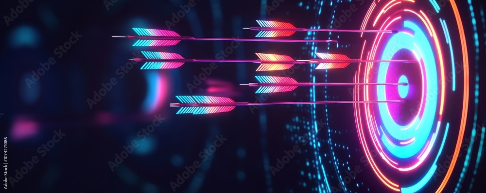 Poster colorful arrows digitally targeting a futuristic interface.