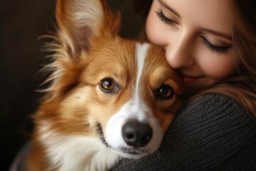 Smiling Woman Hugging Soft Brown Dog, Finding Comfort and Companionship.