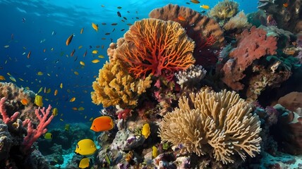 Colourful coral, reef and sea fan scene with fishes swimming around. Underwater image taken when scuba diving