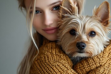 Smiling Woman in Knit Sweater Holding Adorable Puppy