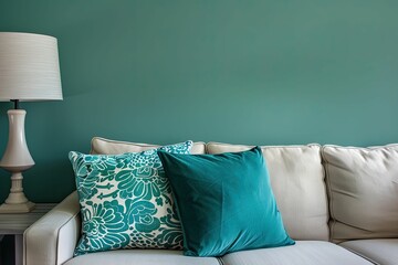 White couch with teal pillows and lamp.