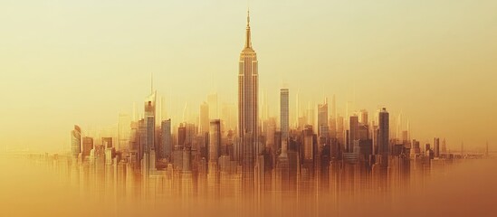 Obraz premium A hazy, dreamy cityscape with tall skyscrapers silhouetted against a golden sky.
