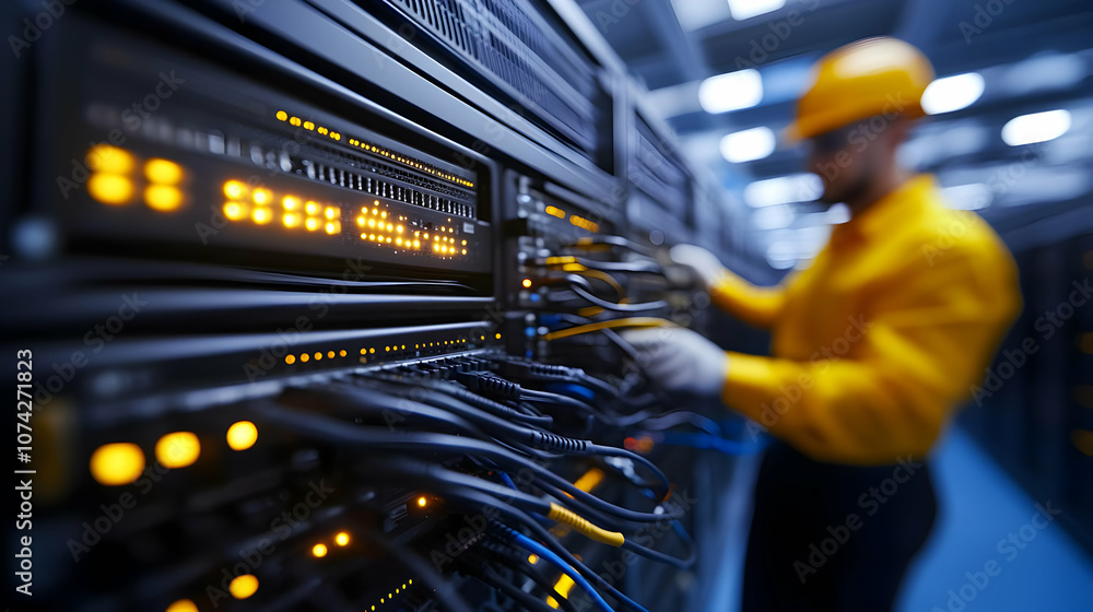 Poster a technician in a yellow hard hat works on server cables in a data center, ensuring connectivity and