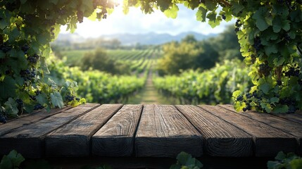 Naklejka premium Vineyard Scene Featuring a Wooden Table with Wine Bottles and Glasses Perfect for Product Advertisement and Marketing Campaigns