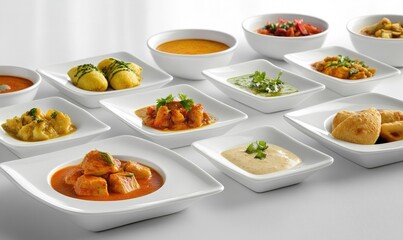 Delicious Indian Dishes Served in White Bowls with Garnish