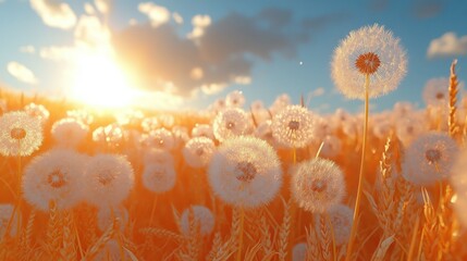 An outline of wild dandelions and wheat growing together in a sunny field.
