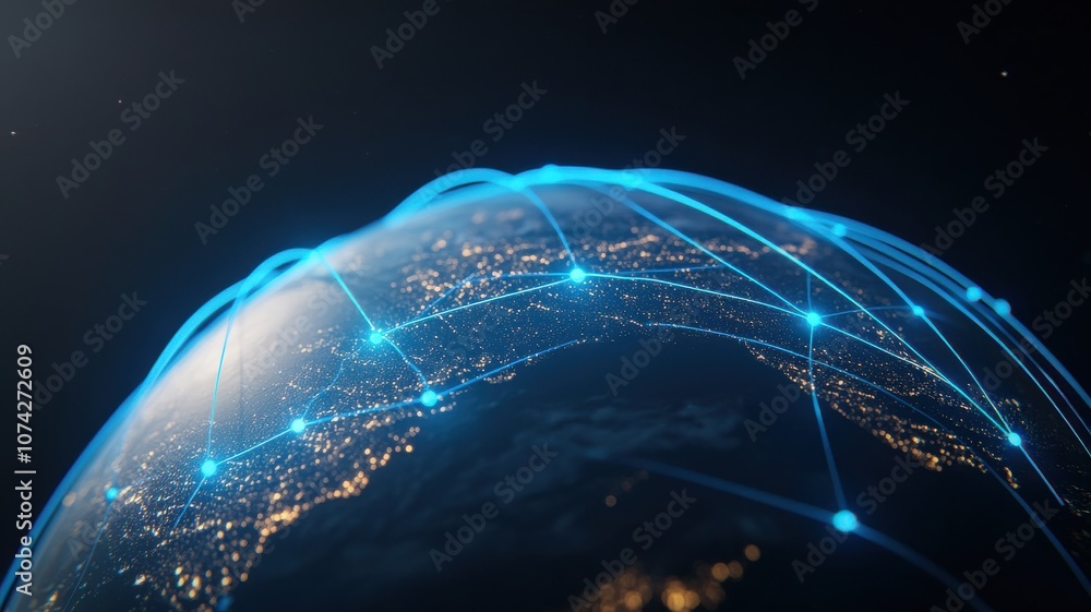 Poster connected globe with glowing lines representing global network.