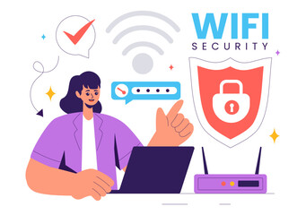 WiFi Security Vector Illustration with Wireless Technology Devices for Internet Connection, Network Protection, Safe Access, and Password Encryption