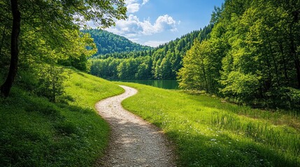 Obraz premium A scenic view of a winding path through a lush green forest