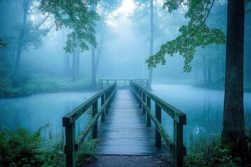 A wooden bridge stretches across a misty lake, surrounded by tall trees. The scene is filled with an ethereal beauty, inviting viewers to explore the unknown.