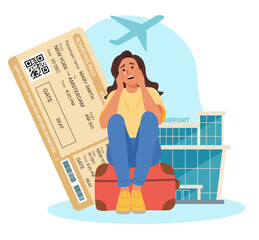 Vector flat illustration of the concept of missing a flight. Airport, boarding pass, and airplane icon in background.
