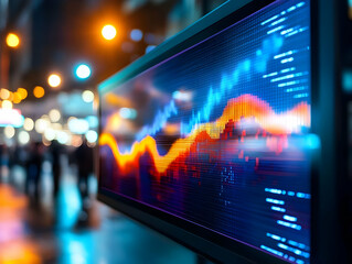 Obraz premium A vibrant digital display showing market trends and data analytics in an urban setting at night.