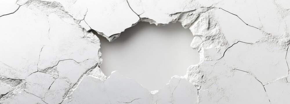white broken concrete wall or ground. Realistic 3d cracks and holes various size. Old or damaged by earthquake texture. Destruction effect with fissure and fracture.