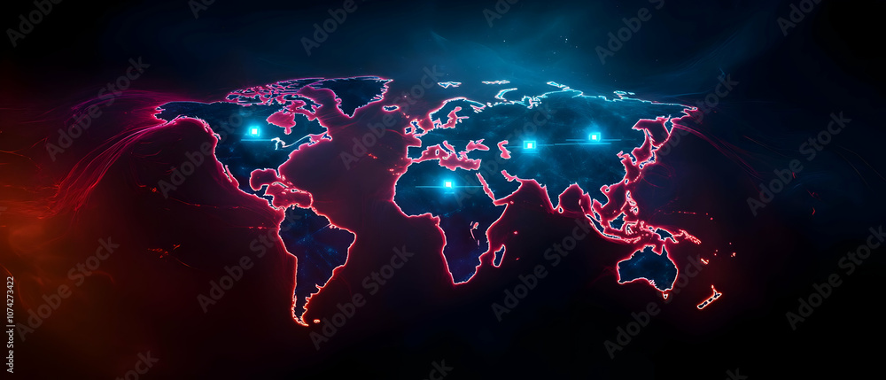 Poster a vibrant, neon-style world map showcasing connectivity and global interaction through digital data 