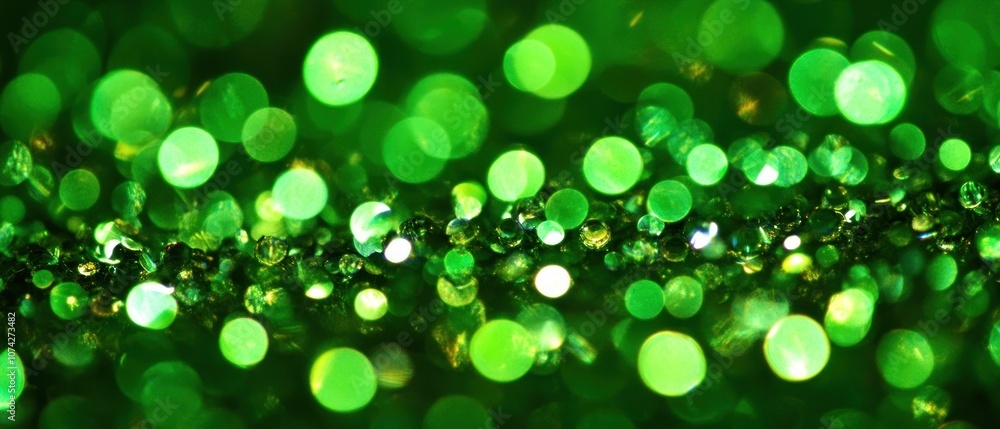 Poster a close-up image of shimmering green bokeh, creating a vibrant and festive atmosphere.