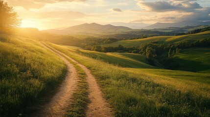 Obraz premium A serene landscape featuring a dirt trail cutting through a picturesque countryside,