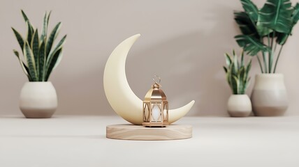 Golden Lantern and Crescent Moon on a Wooden Platform