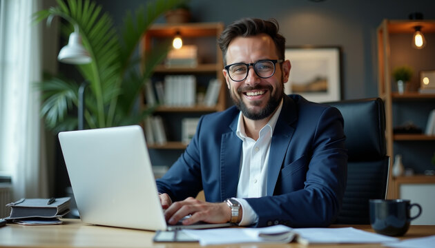 Happy businessman in ofice working on laptop