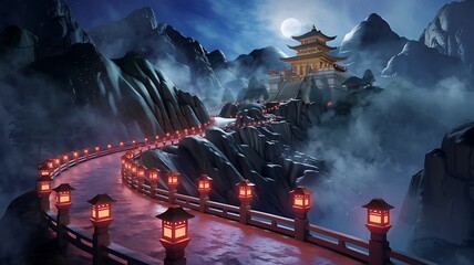A Winding Path with Red Lanterns Leading to a Pagoda on a Mountaintop at Night