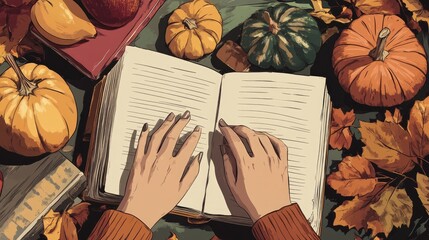 Cozy Autumn Flat Lay Illustration with Woman s Hands Writing in an Open Book Surrounded by a Pumpkin Colorful Fall Fruits and Dried Leaves