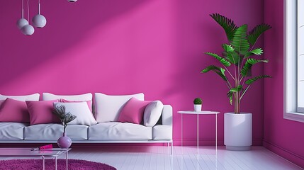 Luxury living room mockup with a viva magenta wall background, including sophisticated sofa furniture and decor