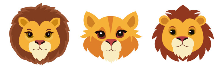 Vector illustration in a flat style features three cartoon lion faces with distinct expressions and fur colors. Masks of animals.