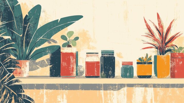Retro design of a counter featuring a houseplant jars and stylish decor for a festive celebration near a light wall in a cozy kitchen