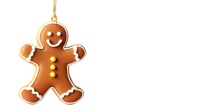 Festive Gingerbread Man Ornament Hangs on Gold String isolated on transparent white background, png

