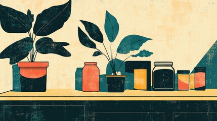Retro design of a counter featuring a houseplant jars and stylish decor for a festive celebration near a light wall in a cozy kitchen
