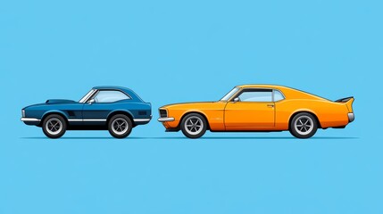 Classic Muscle Cars Blue Orange Coupe Illustration Retro Automobile Design Vintage Car Graphics