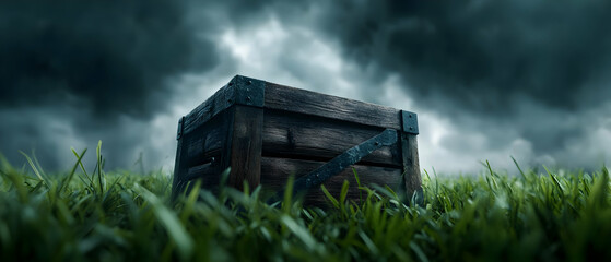 A weathered wooden crate in tall grass under a dramatic, cloudy sky creating an atmospheric scene.